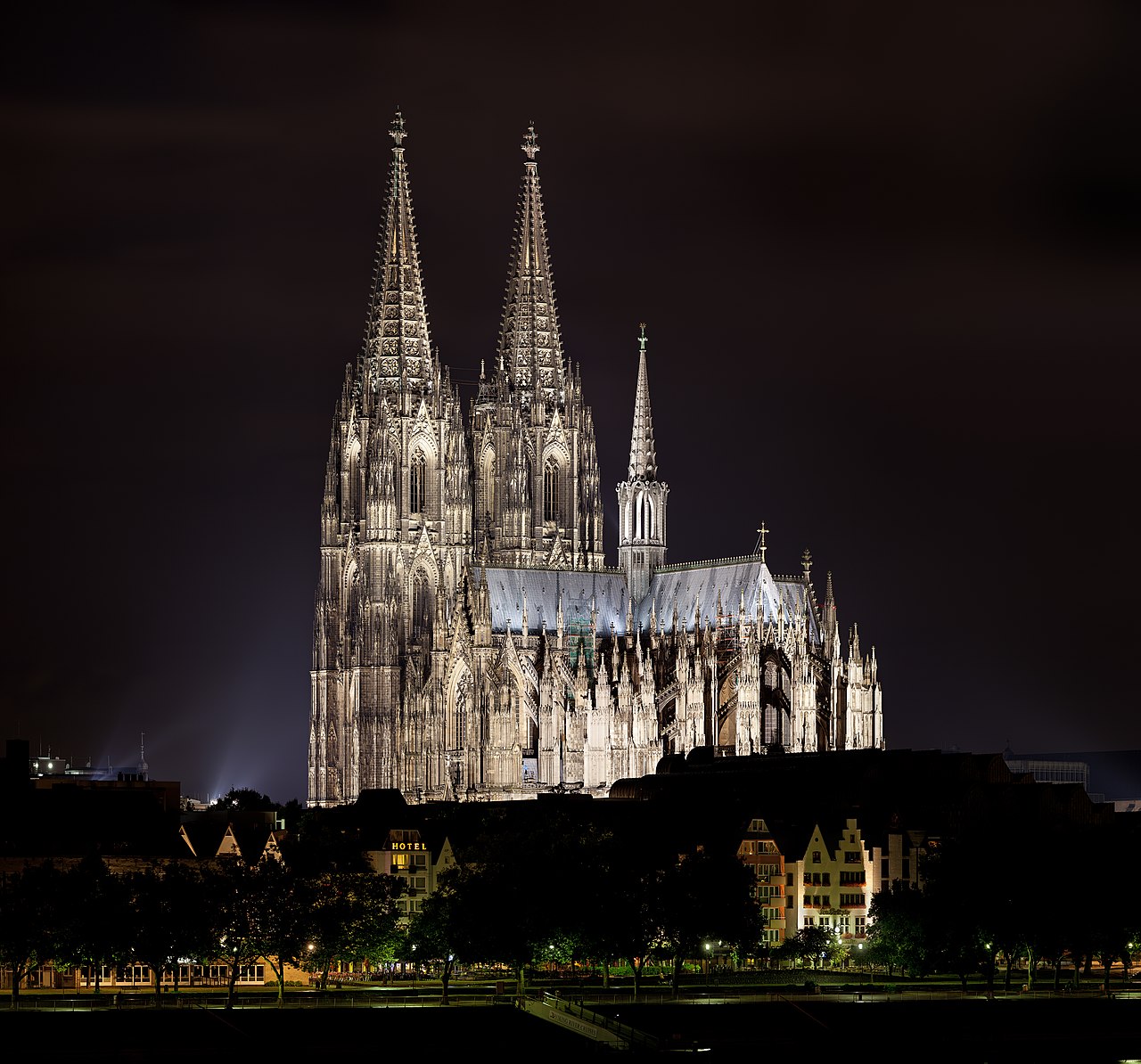 Cologne Cathedral Gothic twin spires towering above the Rhine River