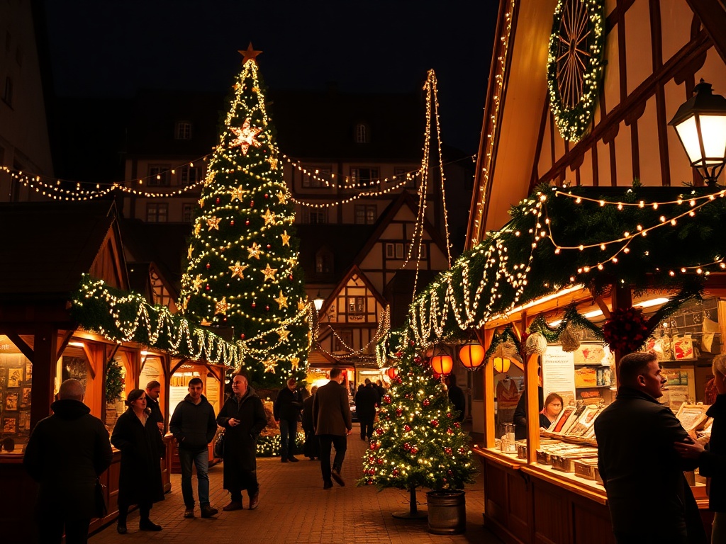 Wooden stalls strung with lights around a large lit Christmas tree, with half-timbered buildings behind