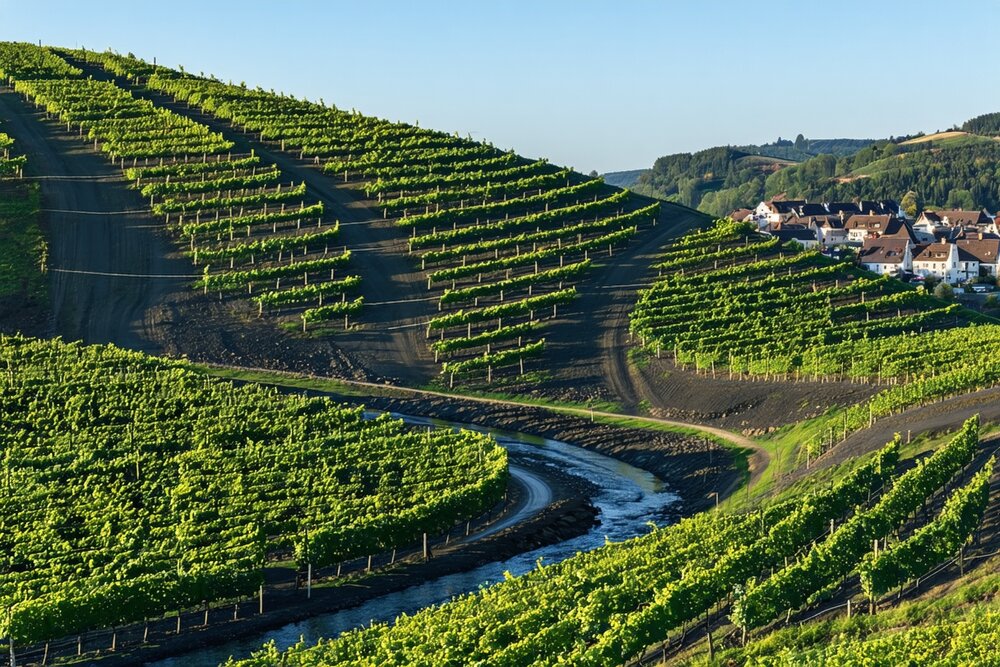 Steep slate vineyards of the Mosel Valley with the river winding below