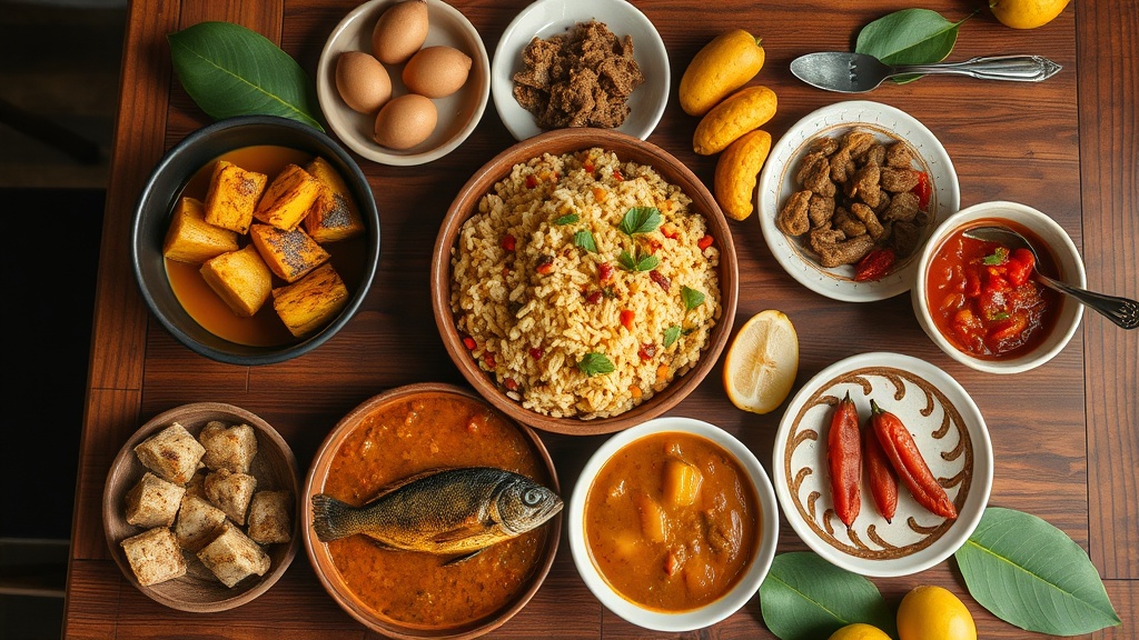 Traditional Ghanaian feast with jollof rice and fufu