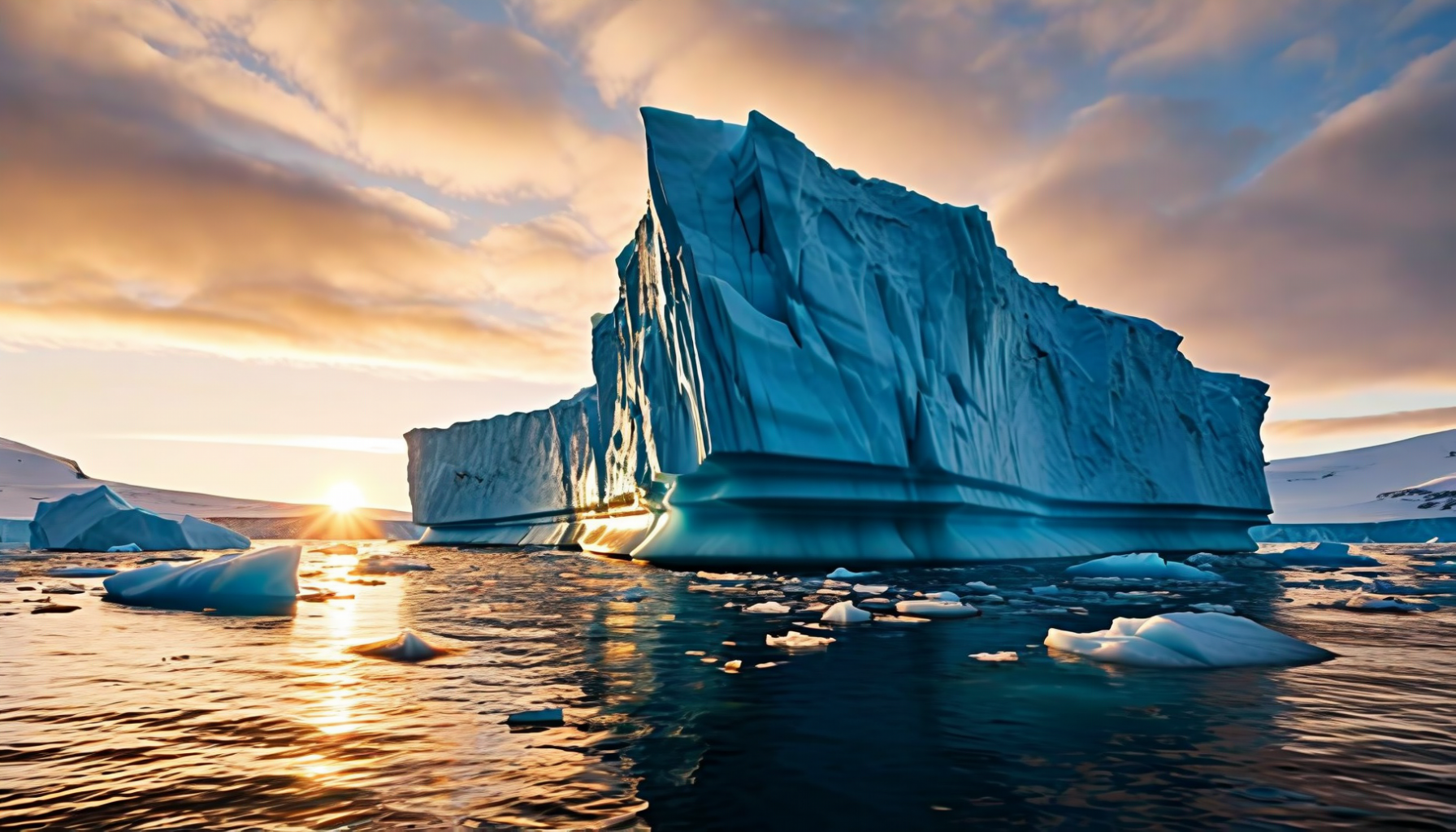 A tabular iceberg glowing in low Arctic sun above dark water strewn with drifting floes