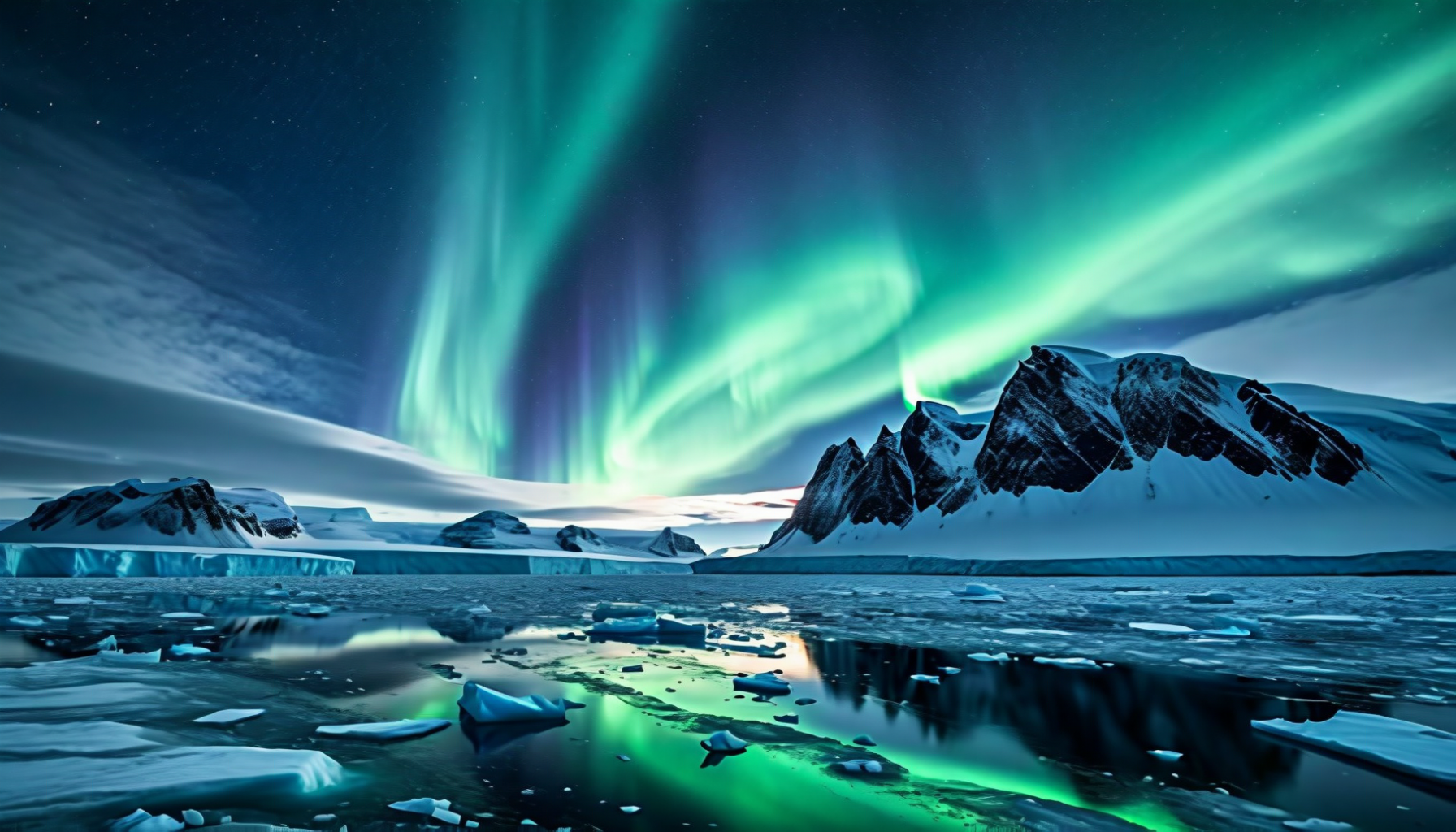 Green and violet aurora over dark peaks and an ice-strewn bay reflecting the light