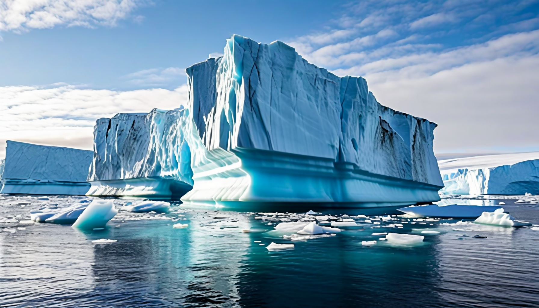 Immense flat-topped icebergs in calm water under a blue sky with high cloud