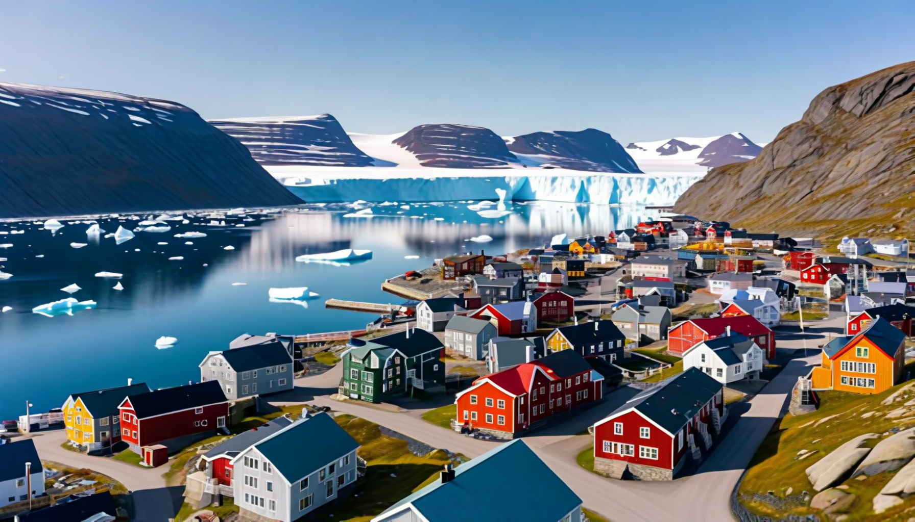 Painted timber houses scattered on rock above a fjord with small icebergs and a glacier front behind