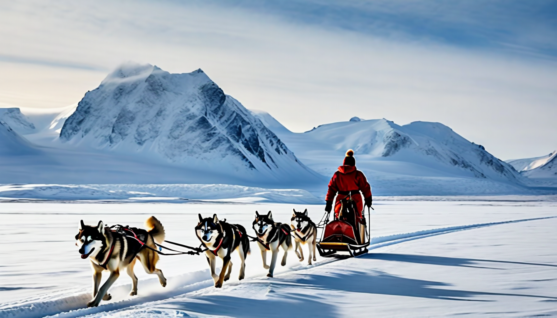 Dog sledding in Greenland arctic tundra