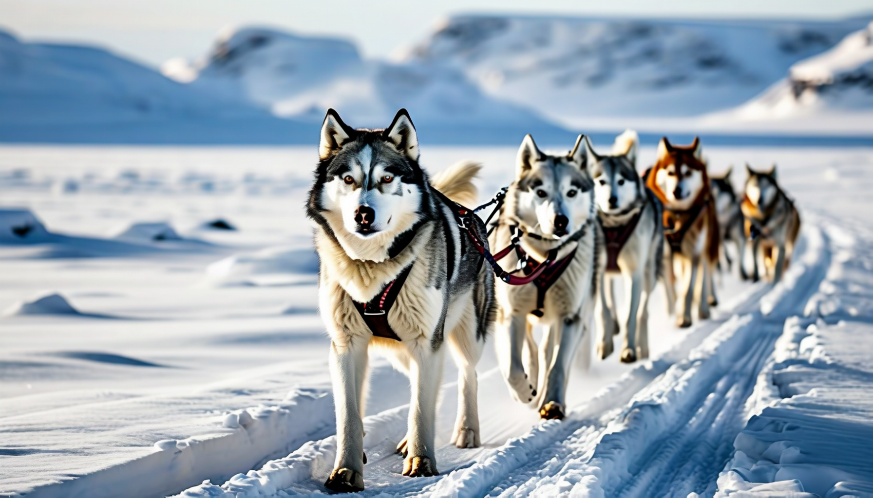 Dog sled team racing across frozen tundra