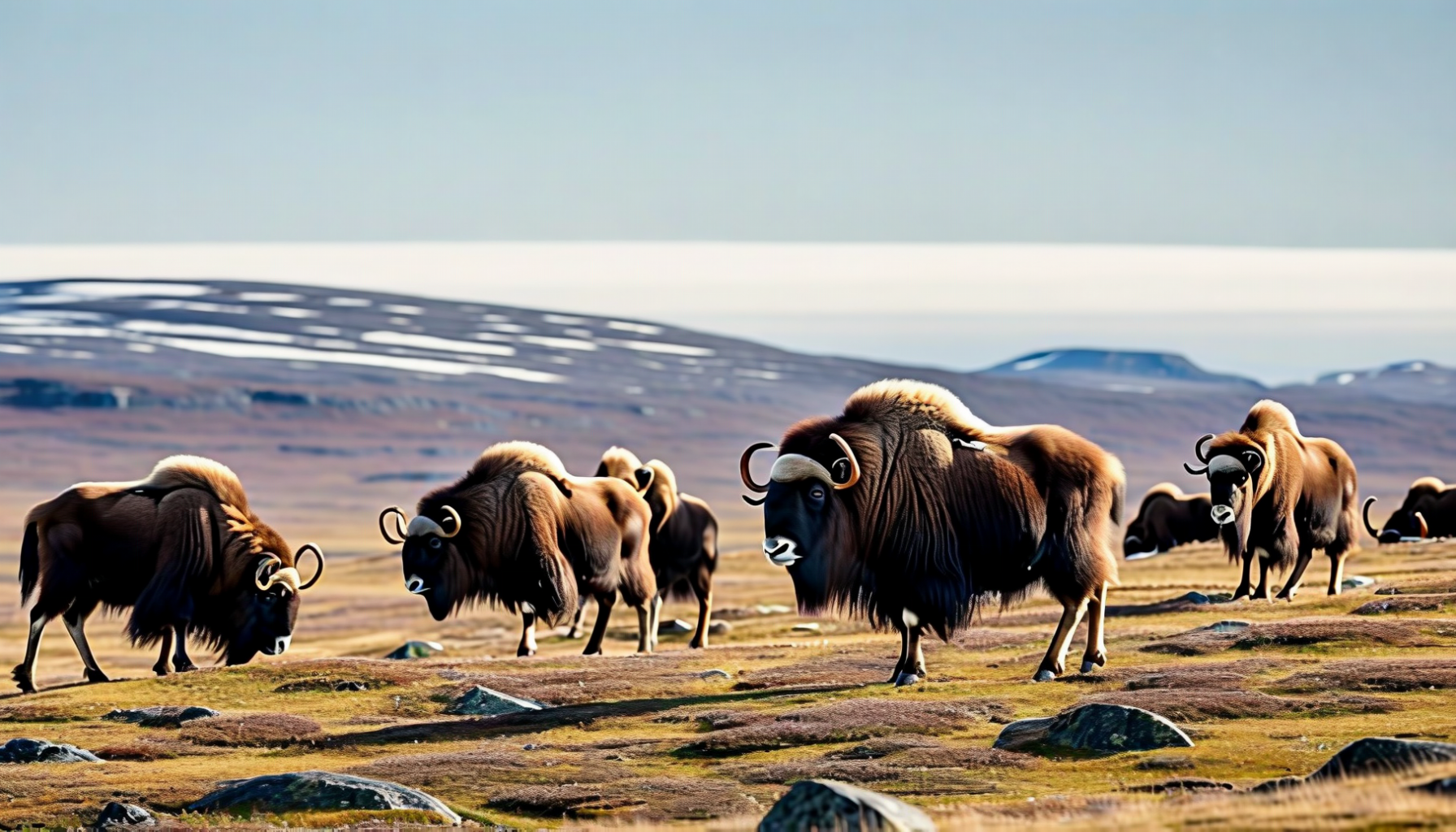 Muskox grazing on Arctic tundra Kangerlussuaq