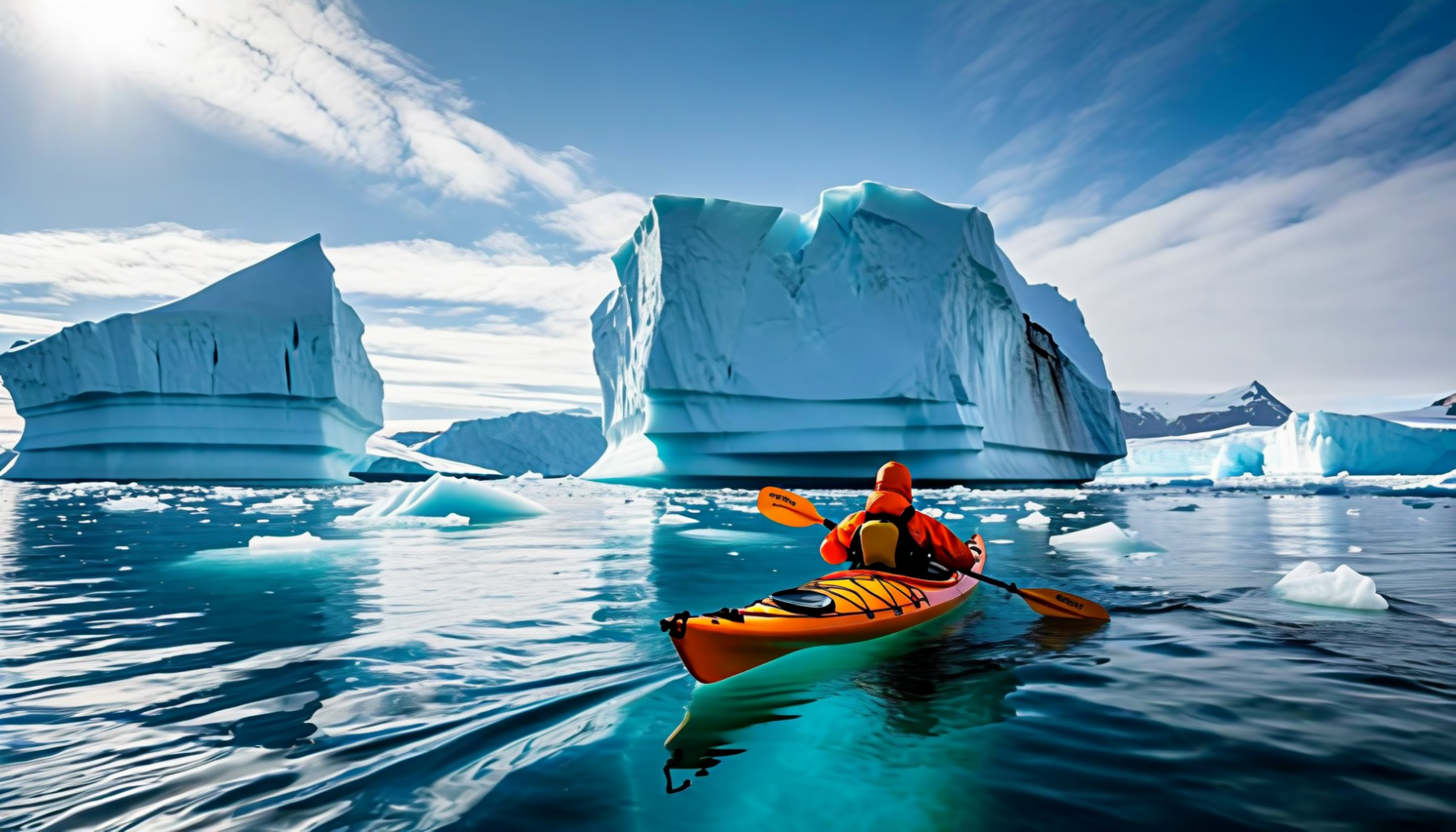 Kayaking among icebergs Disko Bay