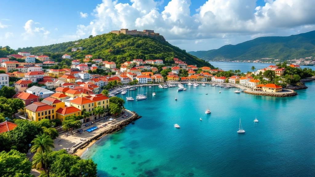 St. George's harbor with colorful buildings and boats in Grenada