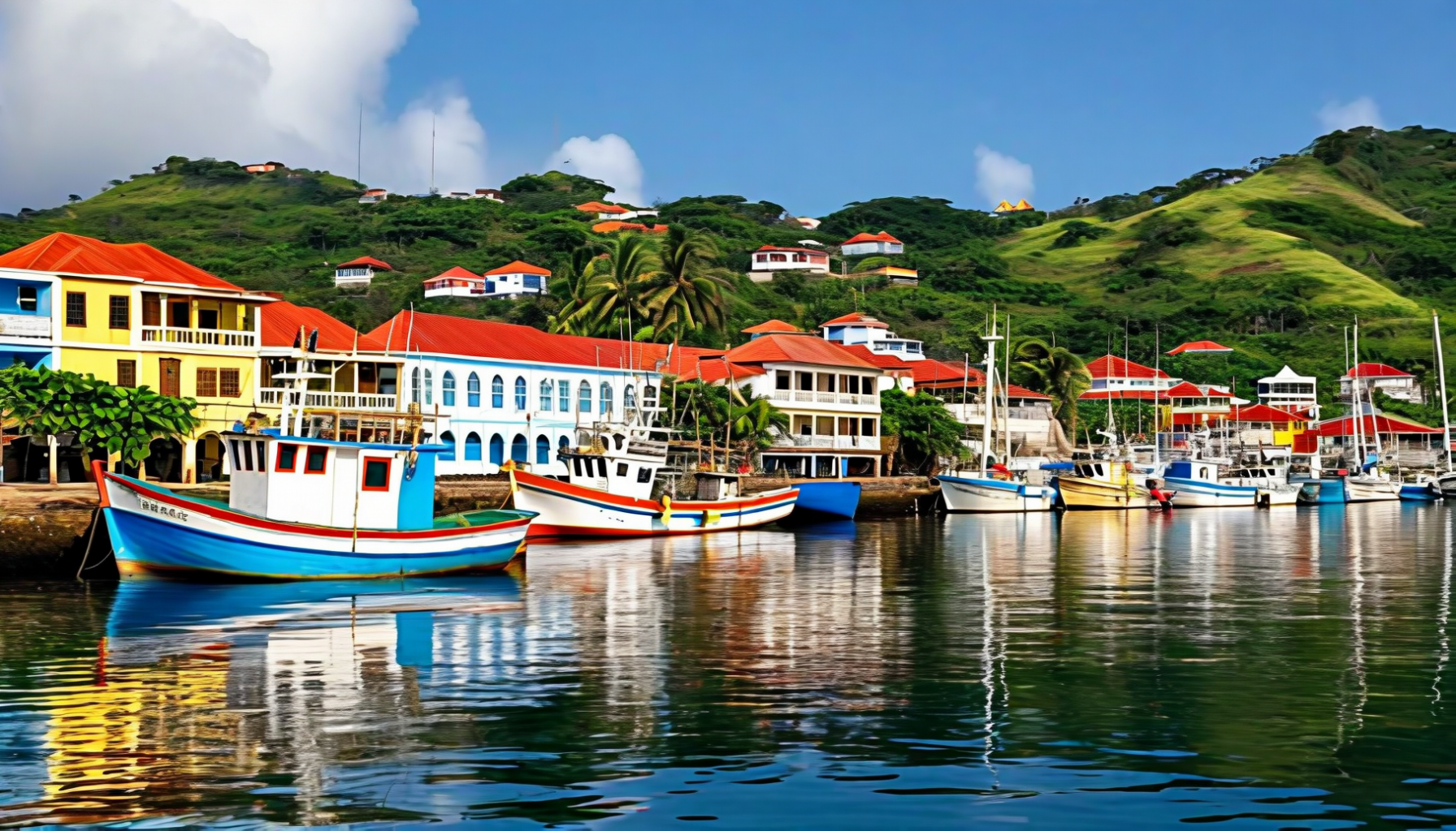 Fishing boats moored along a harbour front of red-roofed buildings under steep green hills