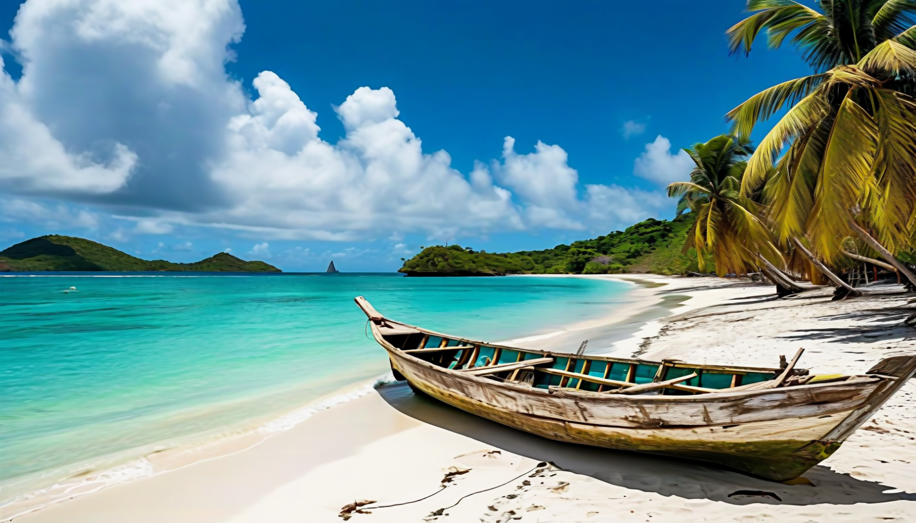 A wooden boat pulled up on an empty white beach with turquoise water and small green islets offshore