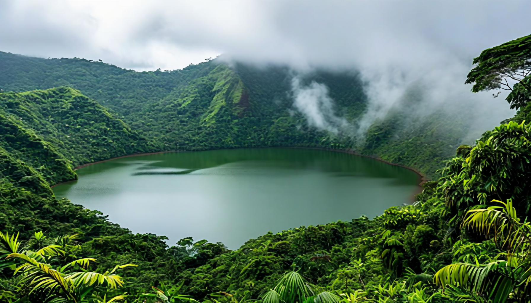 A crater lake ringed by dense green forest with cloud pouring over the ridge behind