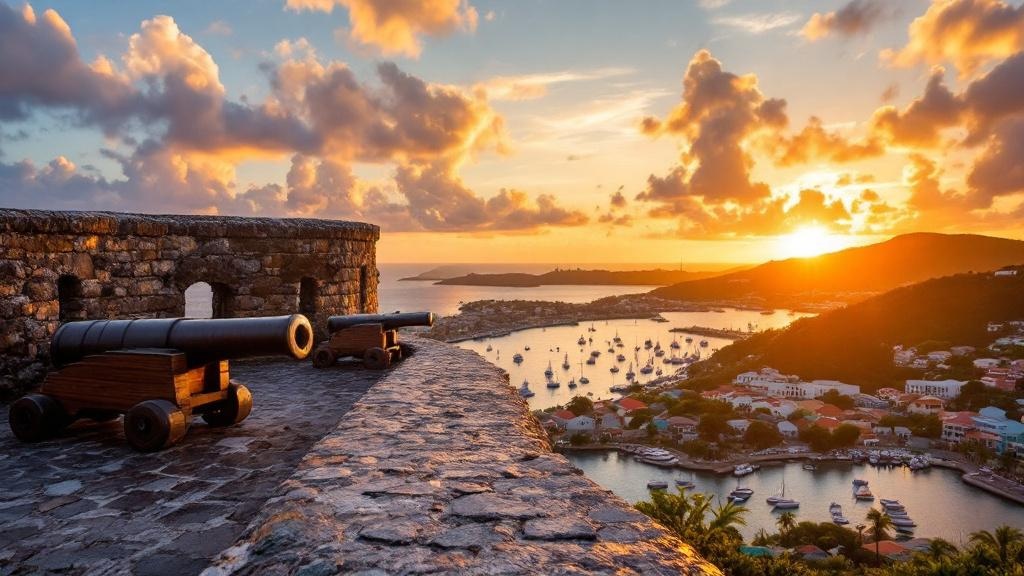 Fort George overlooking St. George's harbor at sunset