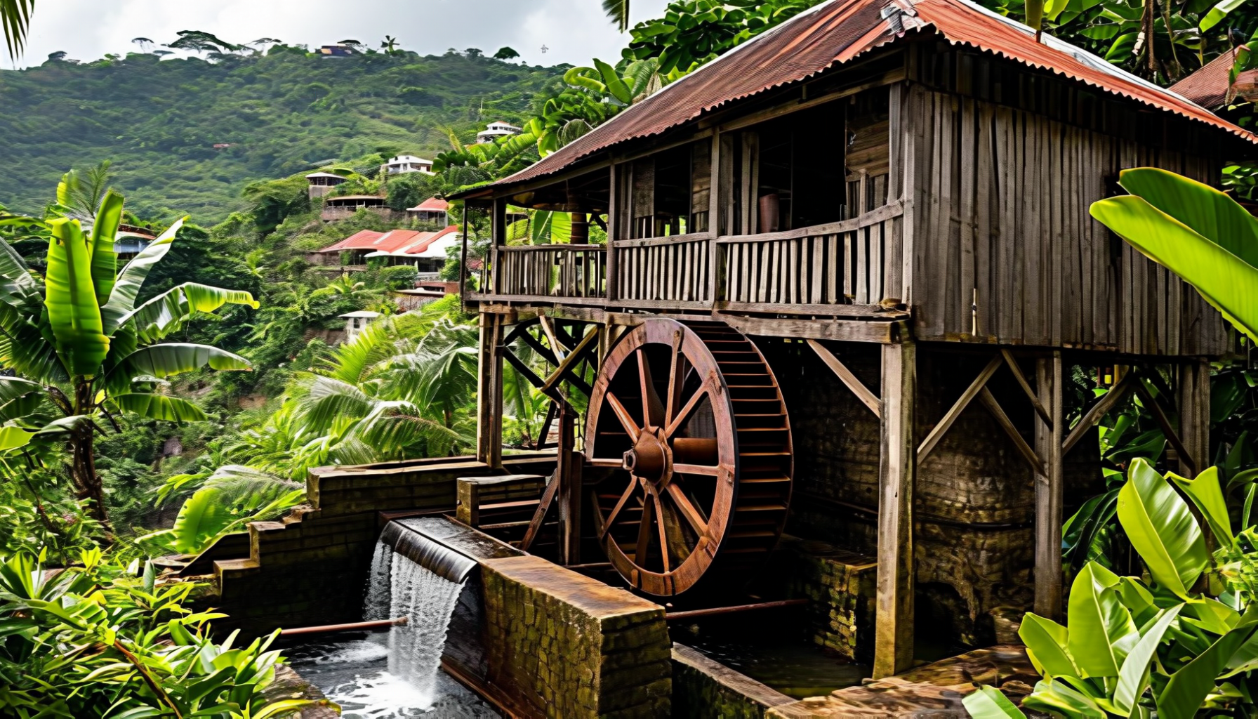 A large wooden water wheel beside a timber mill building with water pouring into the channel below