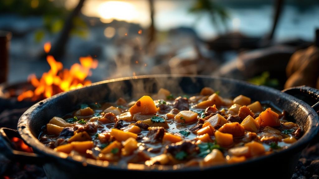 Traditional Oil Down cooking in a large pot in Grenada