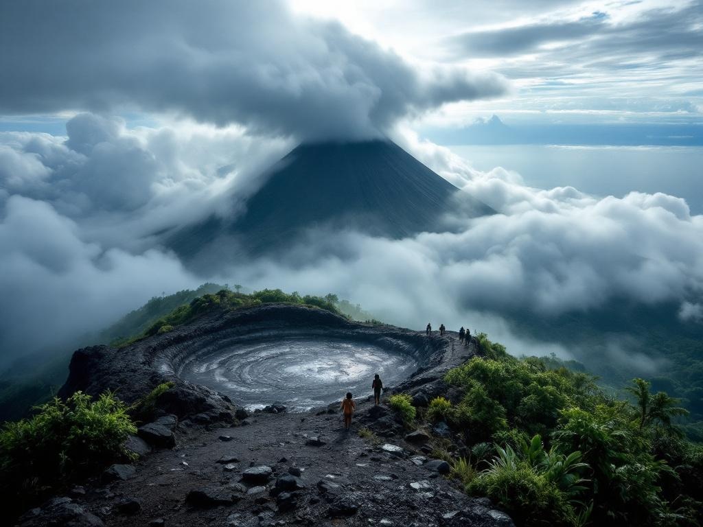La Soufrière volcano summit with sulfurous steam vents in Guadeloupe