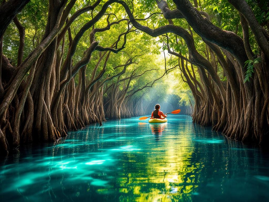 Kayaking through mangrove tunnels in Grand Cul-de-Sac Marin, Guadeloupe