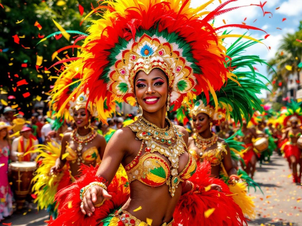 Guadeloupe Carnival dancers in elaborate colorful costumes with gwoka drummers