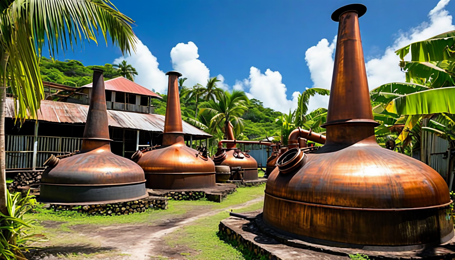 Large copper pot stills standing outdoors beside a tin-roofed distillery under palms