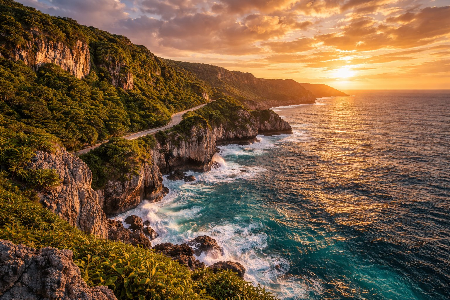 Dramatic southern Guam coastline at sunset