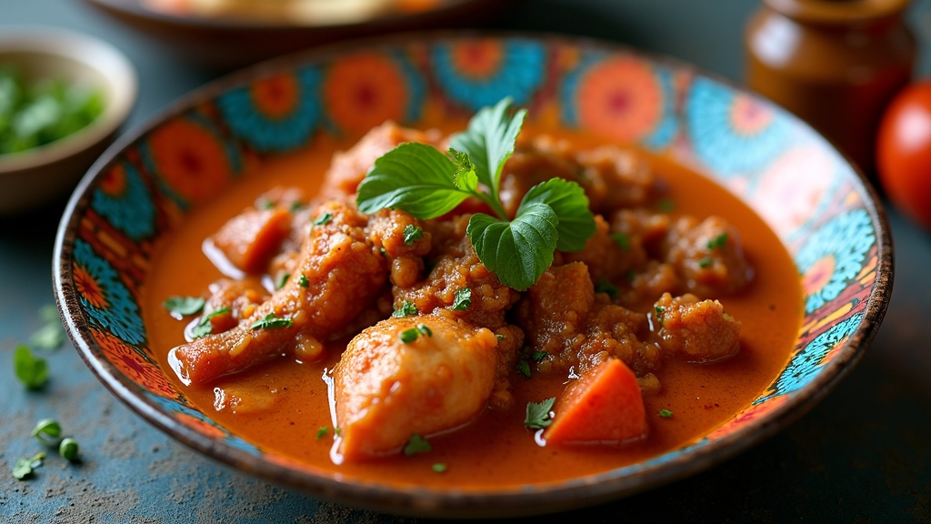 A chicken stew in a red-orange sauce with fresh herbs, served in a brightly patterned bowl