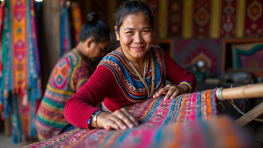 A woman at a loom surrounded by brightly patterned woven cloth in a workshop