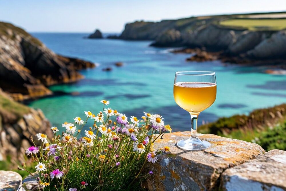 A glass of golden cider on a lichened granite rock above a turquoise bay ringed by low cliffs and wildflowers