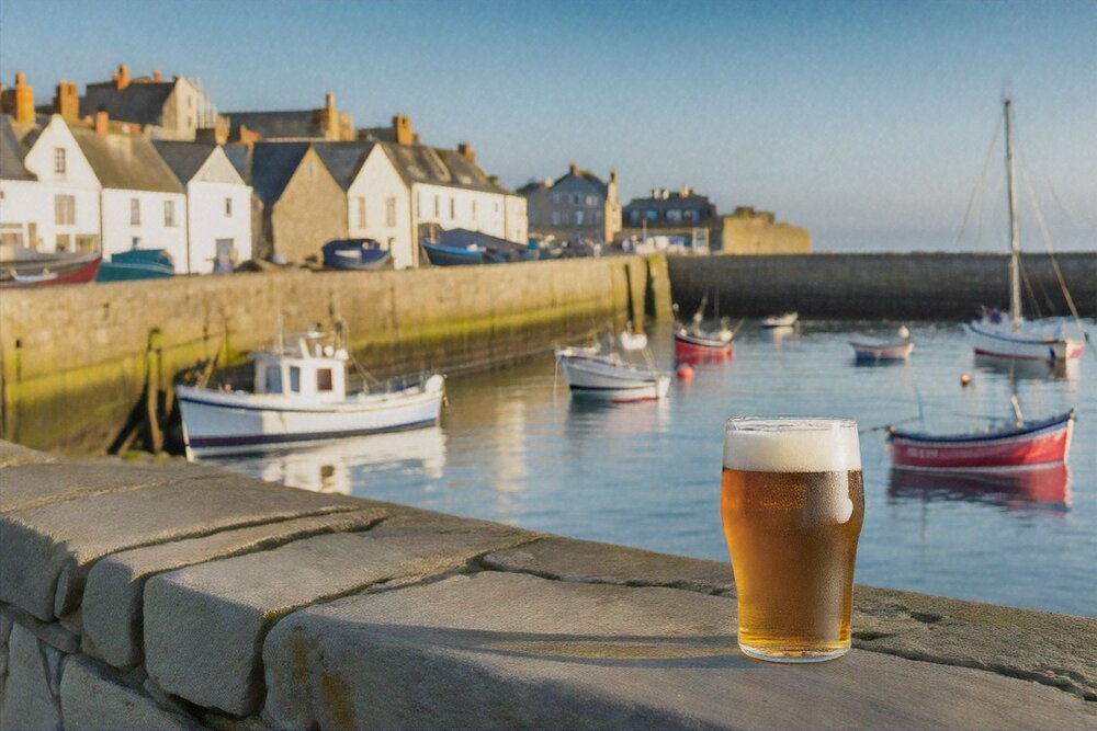 A pint of amber ale standing on a granite harbour wall above a small tidal harbour with fishing boats and white cottages