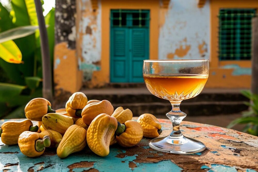A glass of amber liquid on a weathered table beside a heap of yellow and orange cashew apples, in front of a peeling ochre colonial house with turquoise shutters