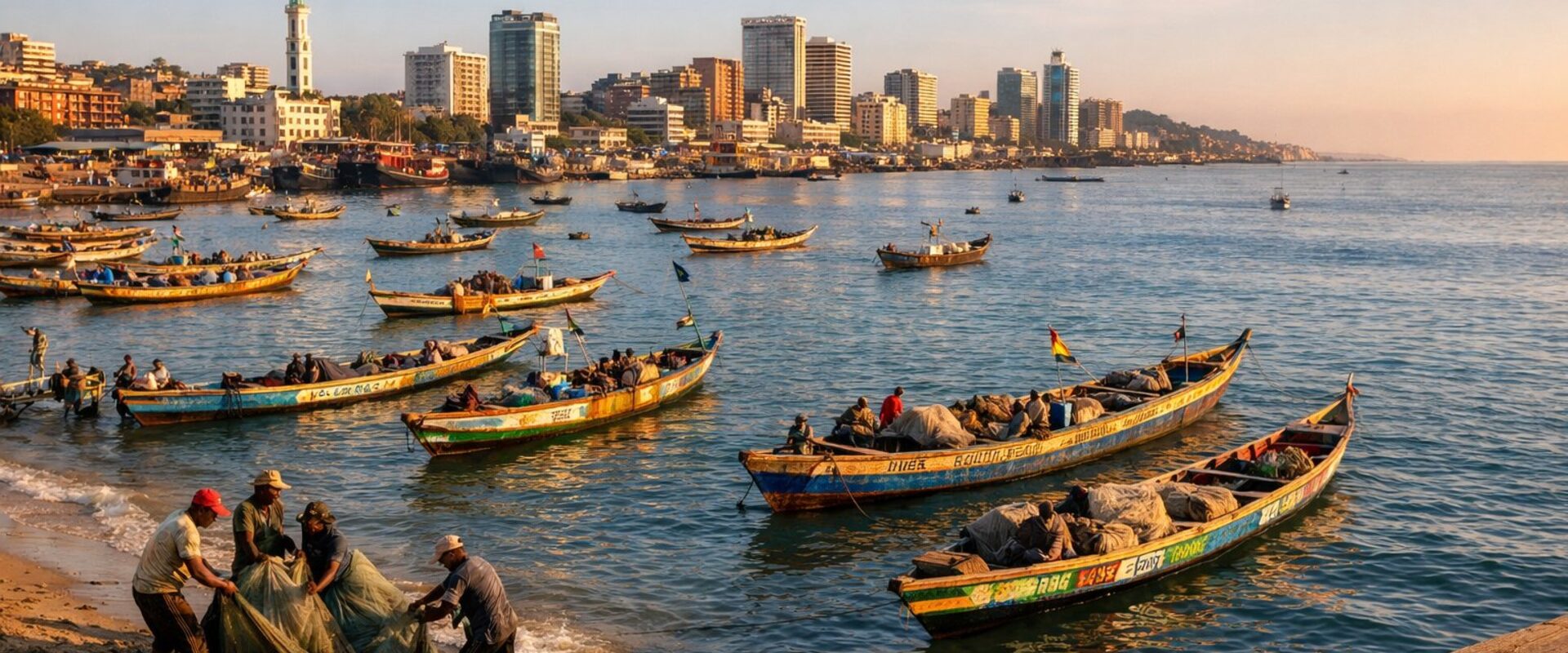 Conakry harbor with fishing pirogues and city skyline