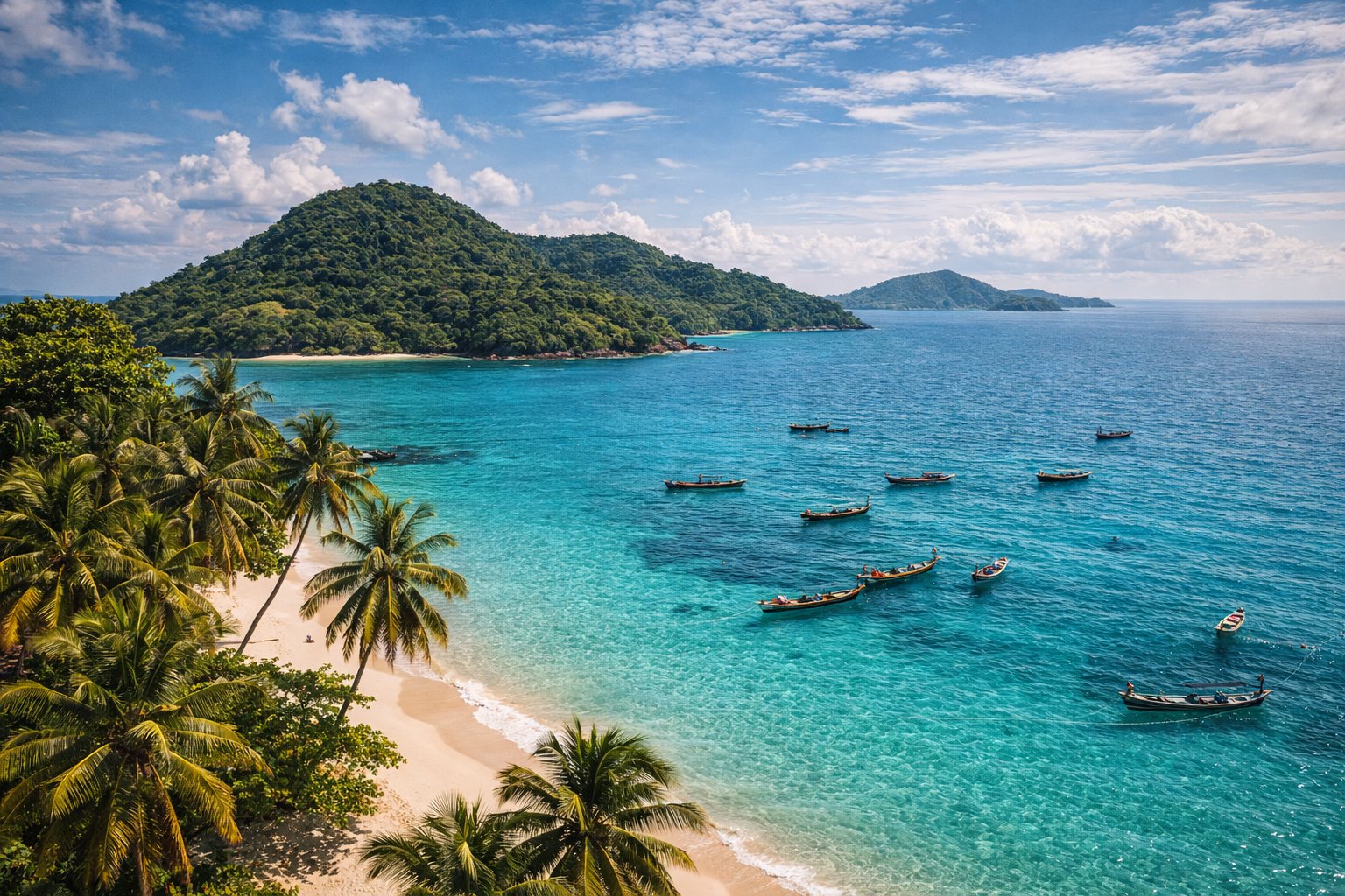 Tropical beach with palm trees and fishing boats at Îles de Los, Guinea