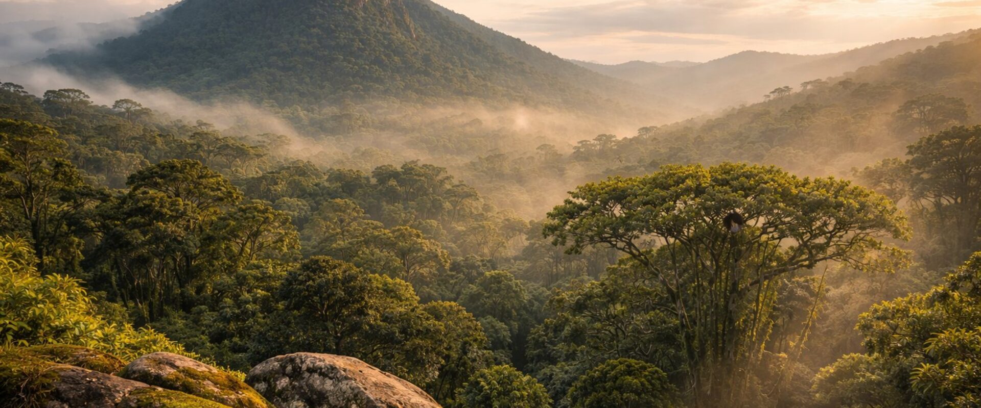 Mount Nimba peak rising above primeval rainforest in morning mist