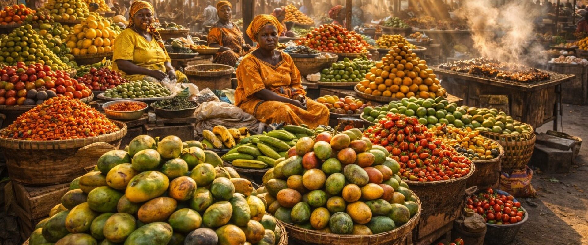 Marché Madina vendors with tropical fruit and golden market light