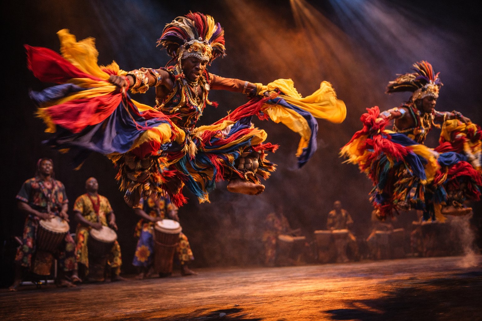 Les Ballets Africains de Guinée performing spectacular mid-air leaps