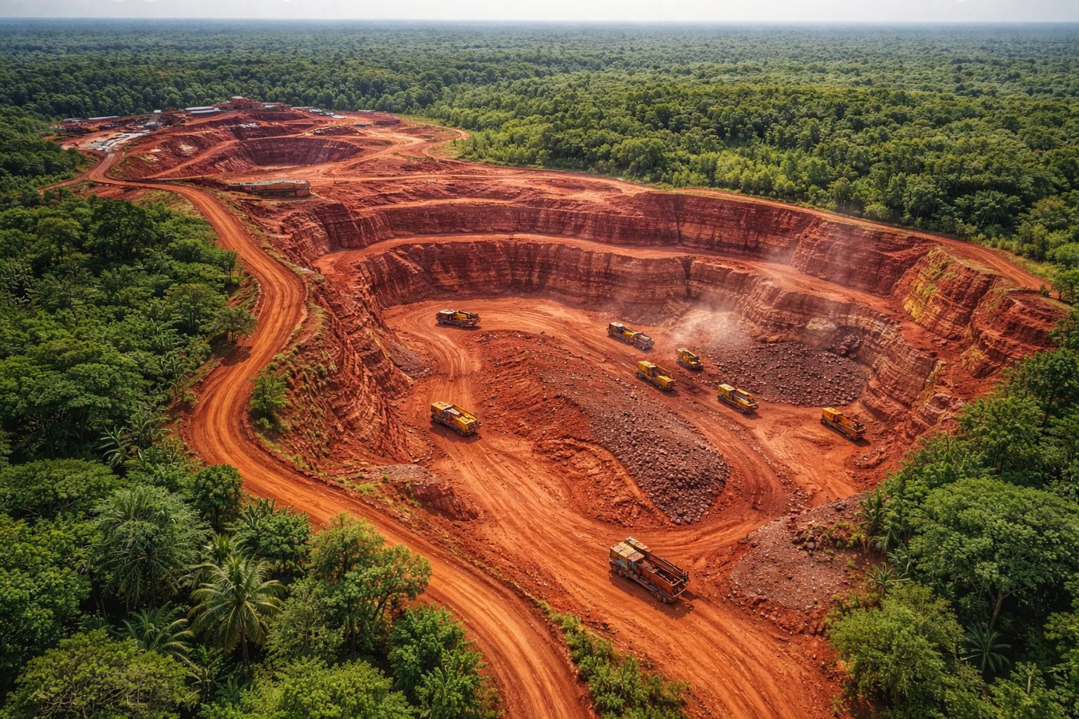 Aerial view of bauxite mining operation in Guinea's Boké region