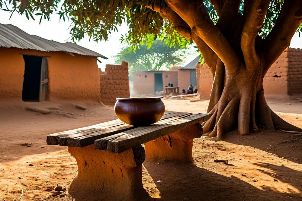 A large glazed earthenware pot standing on a rough wooden bench under a spreading tree in a village compound of mud-brick houses