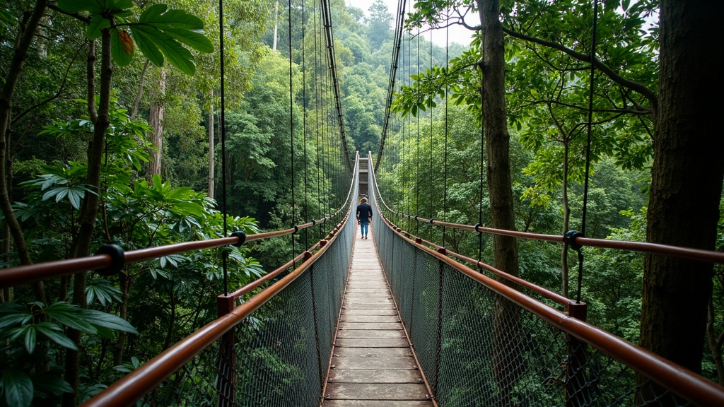 A suspended walkway of wooden planks and steel cable running through the mid-level of a dense green rainforest, a single figure crossing it