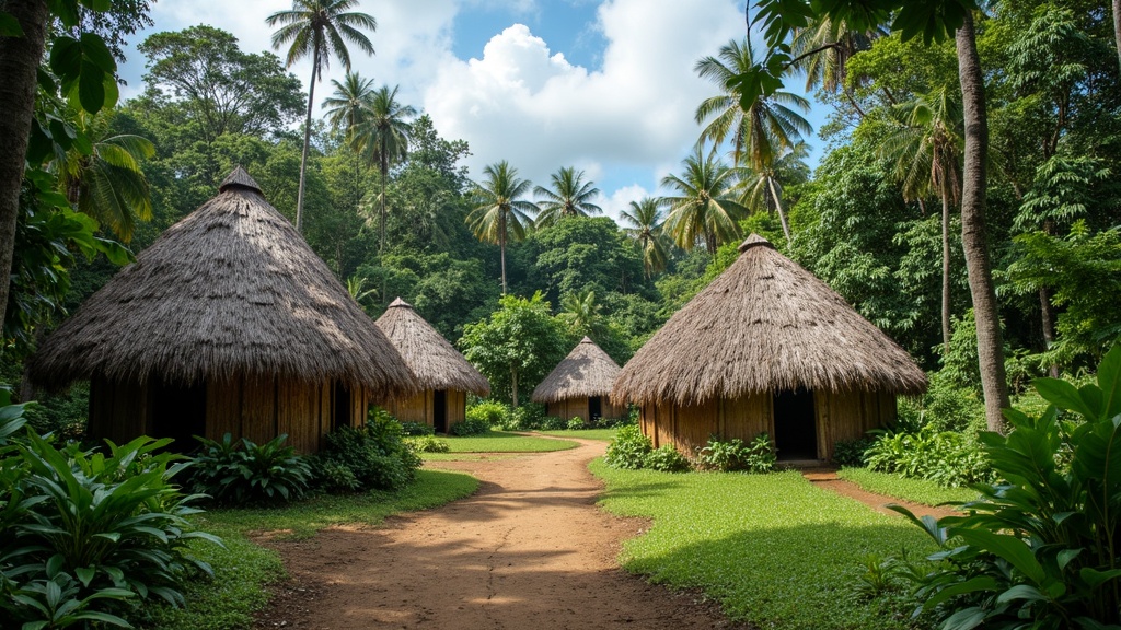 Conical thatched houses on a clearing of red earth among palms and dense green forest