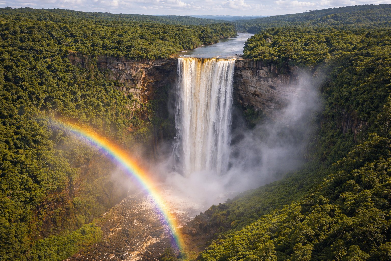 Rainbow over Kaieteur Falls with mist rising from the gorge