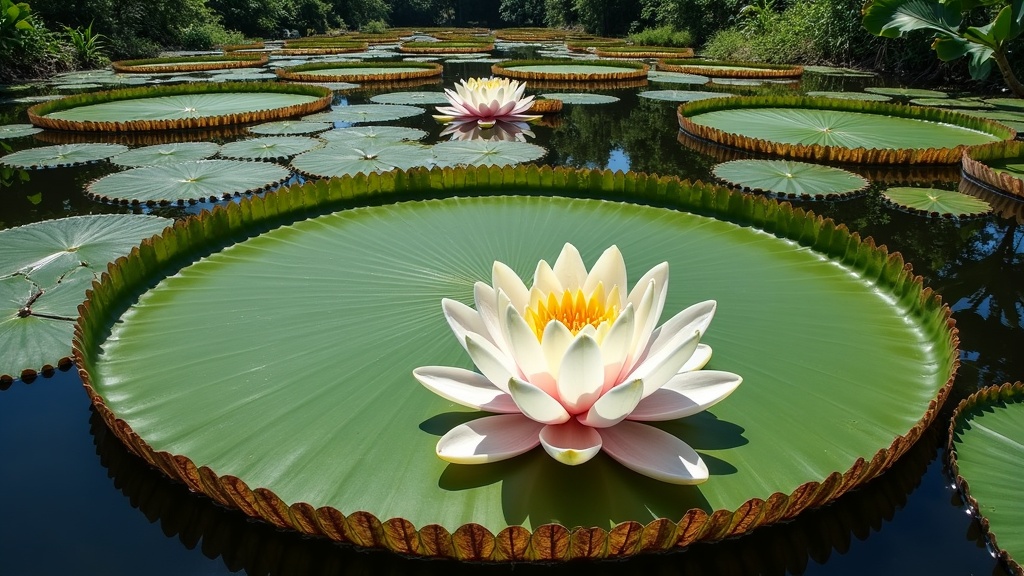 Enormous circular water lily pads with upturned rims floating on dark water, a large white and pink flower open in the centre