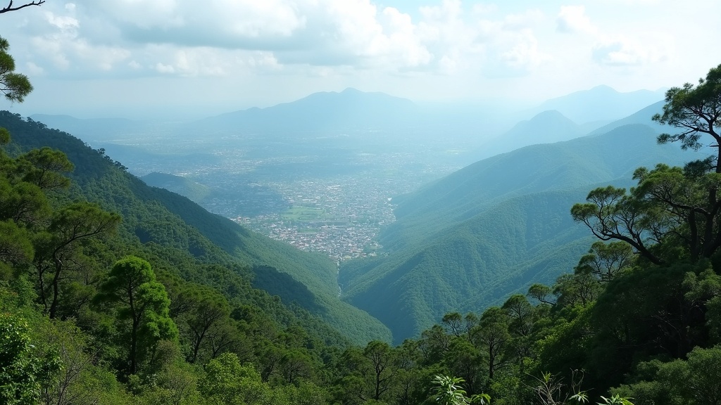Pine-forested ridges falling away to a hazy plain filled with a spreading city, under high cloud