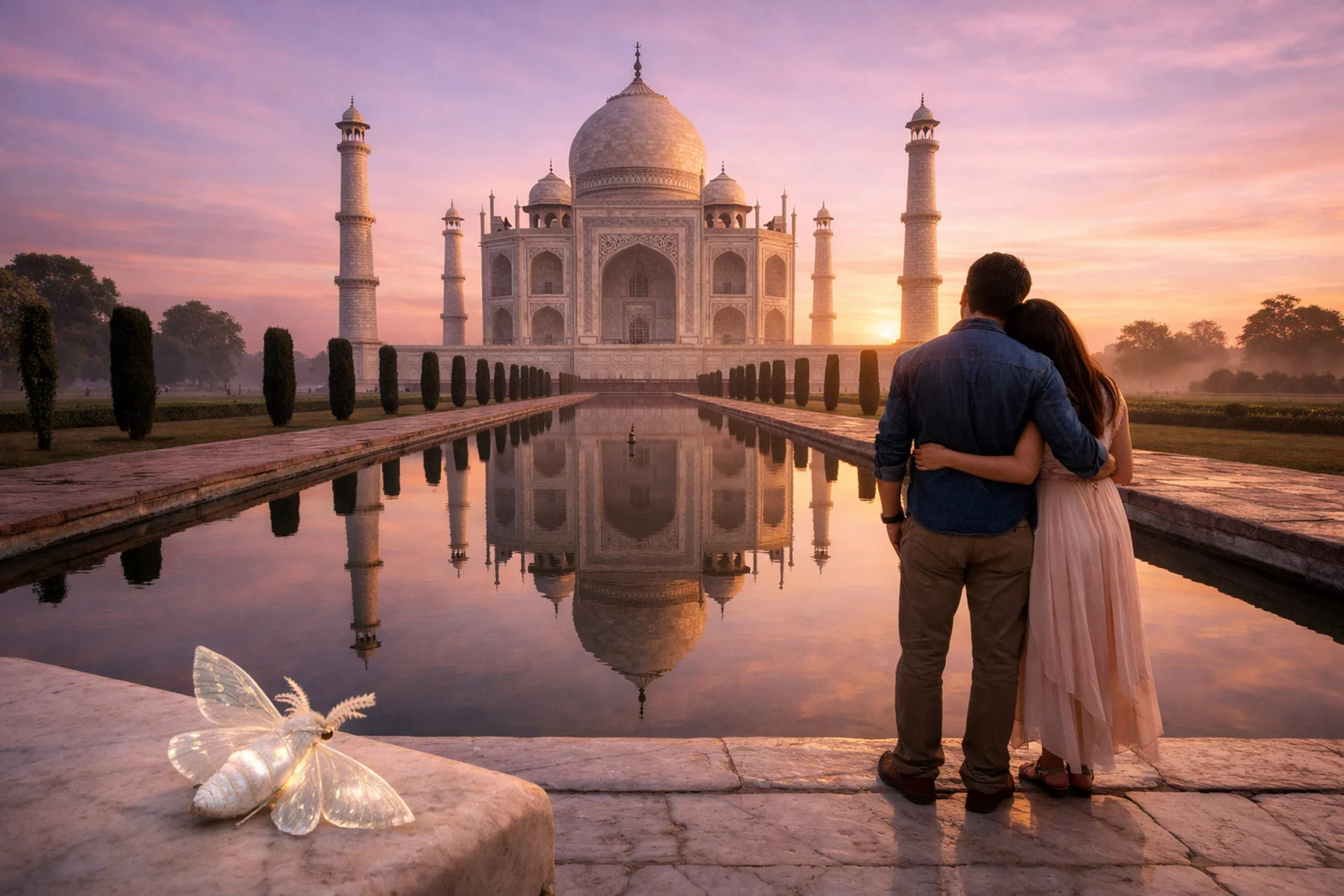 Taj Mahal, India - A couple gazing at the iconic monument at sunrise