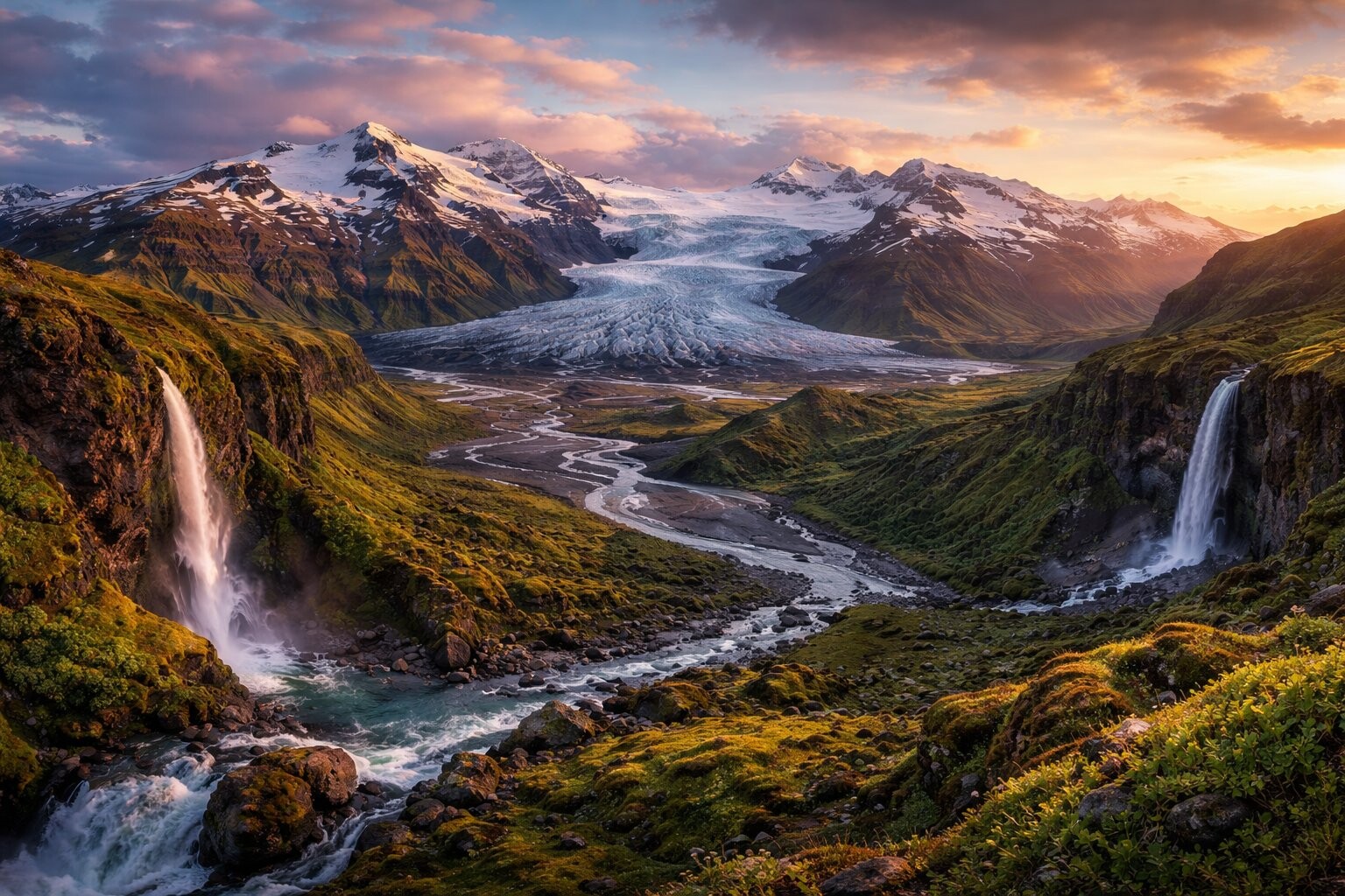 Vatnajökull glacier and waterfalls