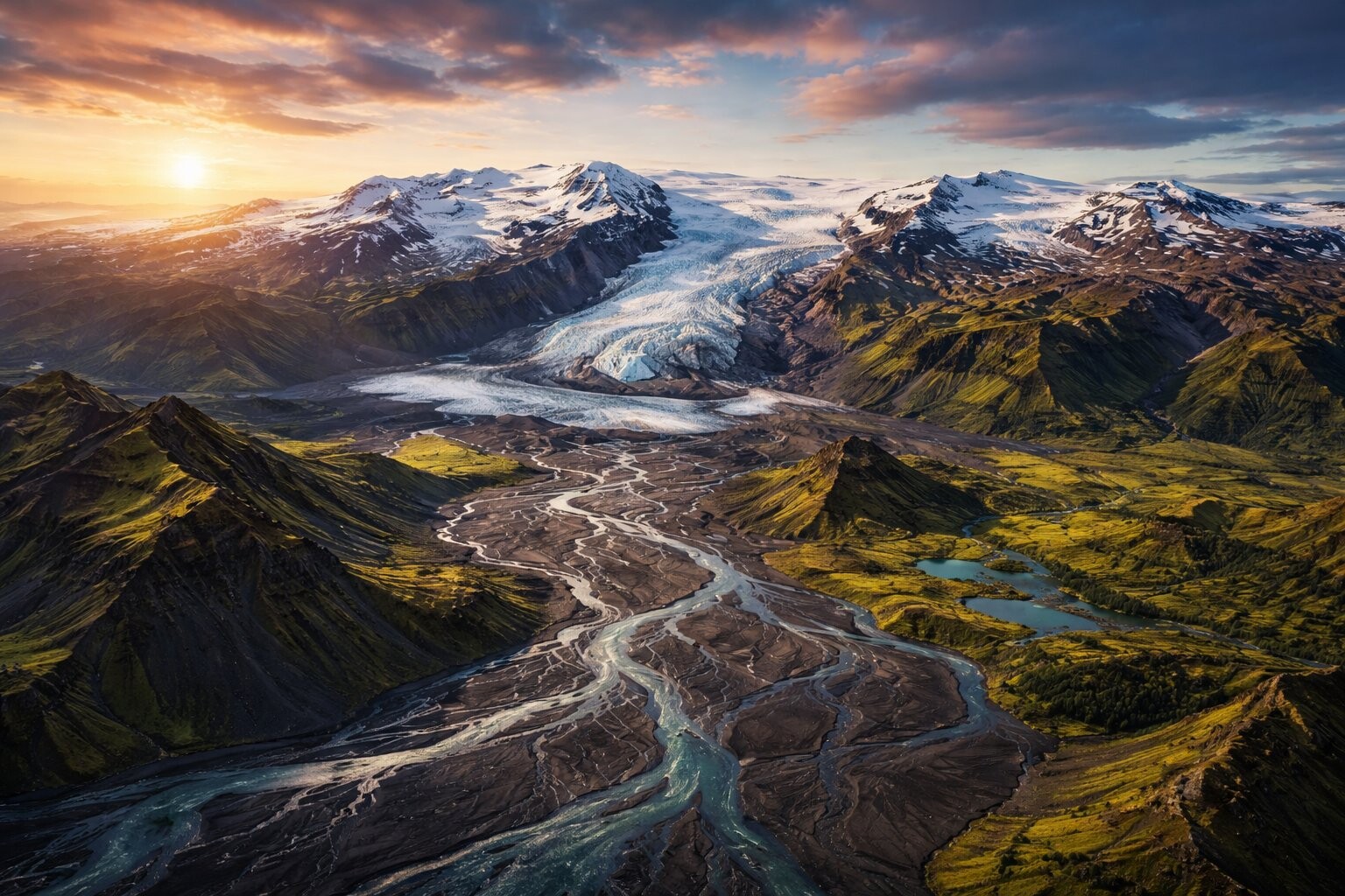 Vatnajökull glacier aerial view with braided rivers