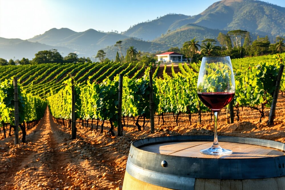 Grapevines in the Nashik wine region with the Western Ghats mountains