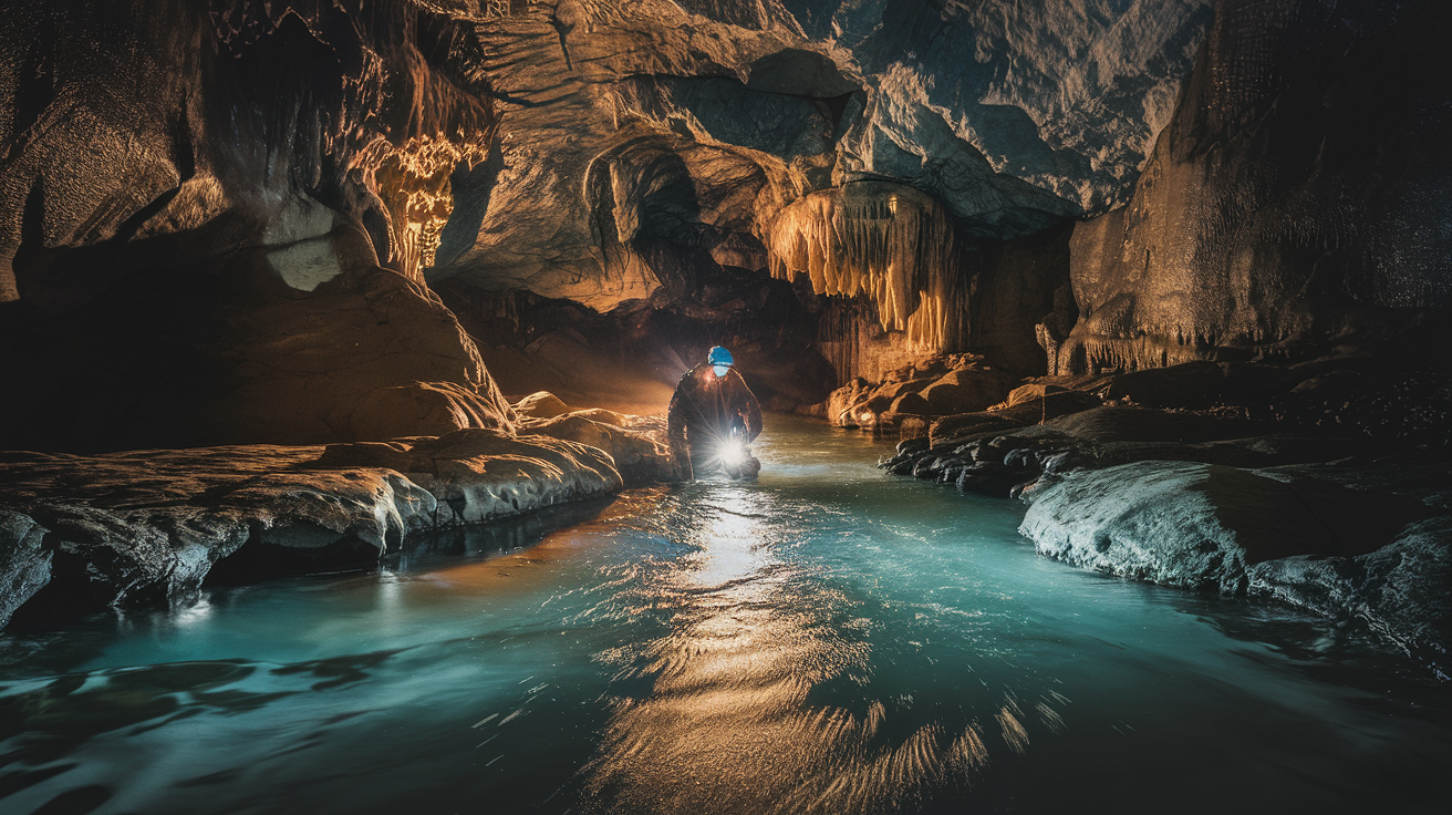 Voronya Cave - World's Deepest Cave, explorer with headlamp illuminating underground river