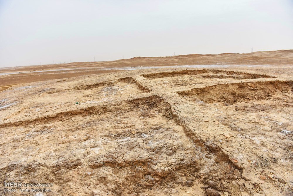 Excavated mudbrick foundations at Shahr-e Sukhteh archaeological site, Iran