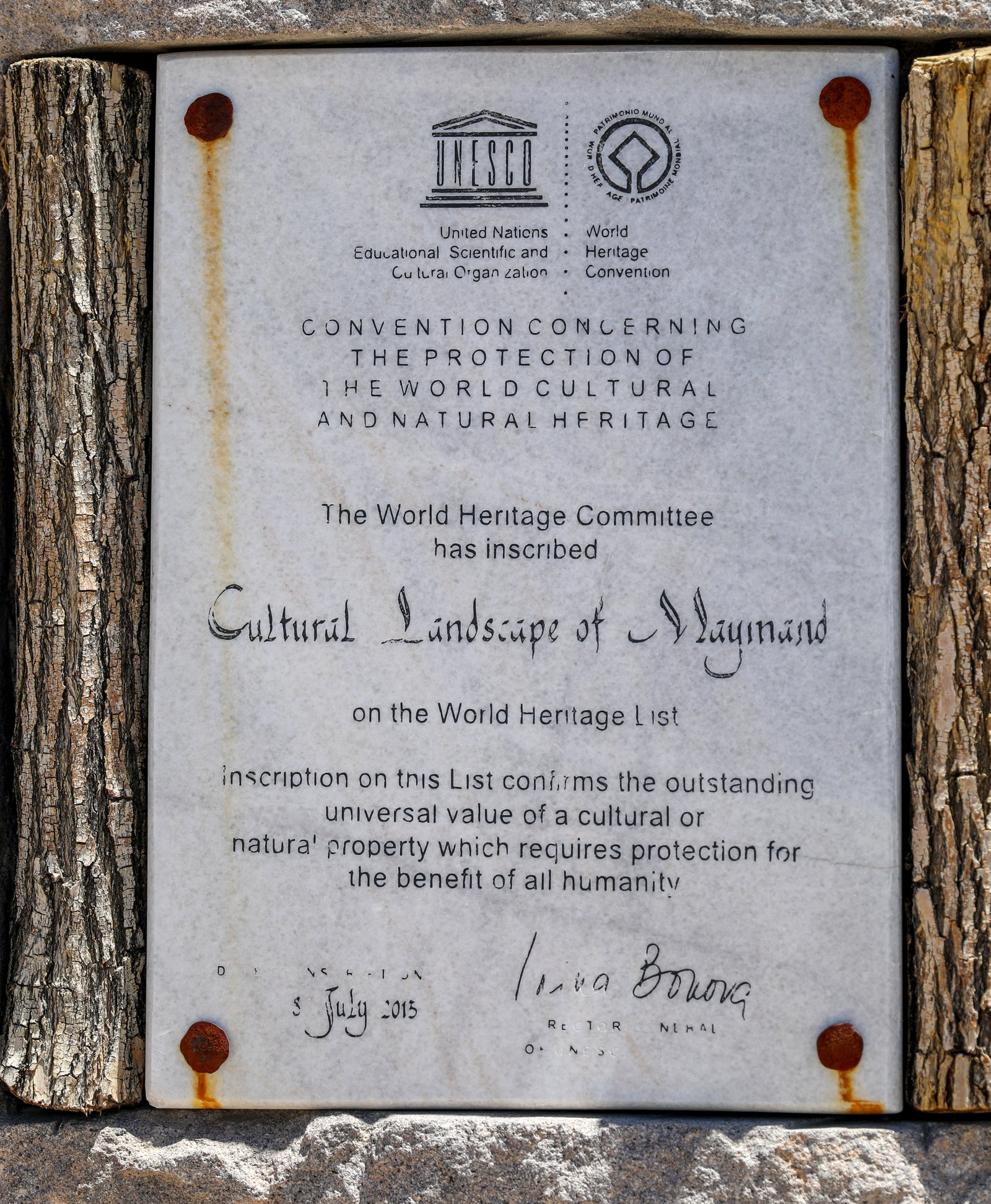 UNESCO World Heritage inscription plaque for the Cultural Landscape of Maymand, Iran