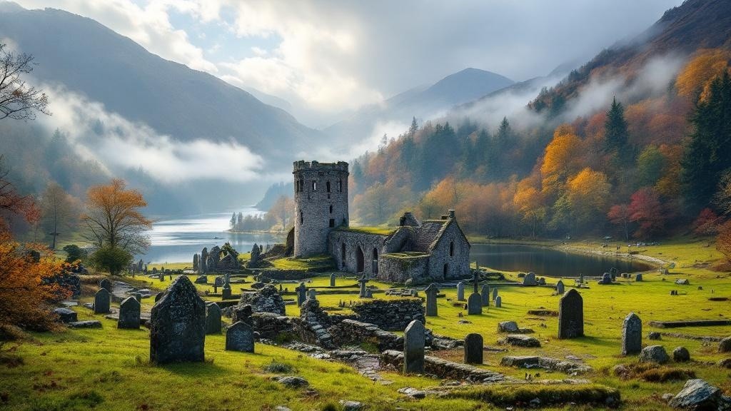 Glendalough monastic city with round tower in Wicklow valley