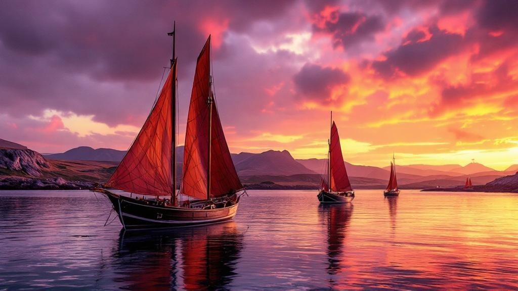 Galway Bay sunset with traditional boats